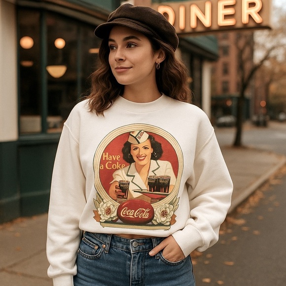 Vintage Coca-Cola Sweatshirt Retro Diner Girl Graphic Pullover Size Large - Picture 1 of 11